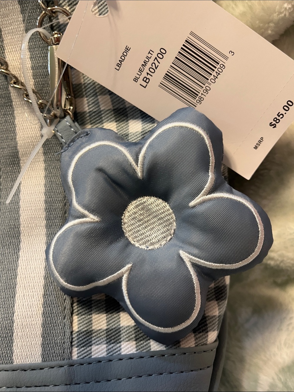 Betsey Johnson NWT Light Blue Gingham Tote with Flower Charm - Picture 5 of 7